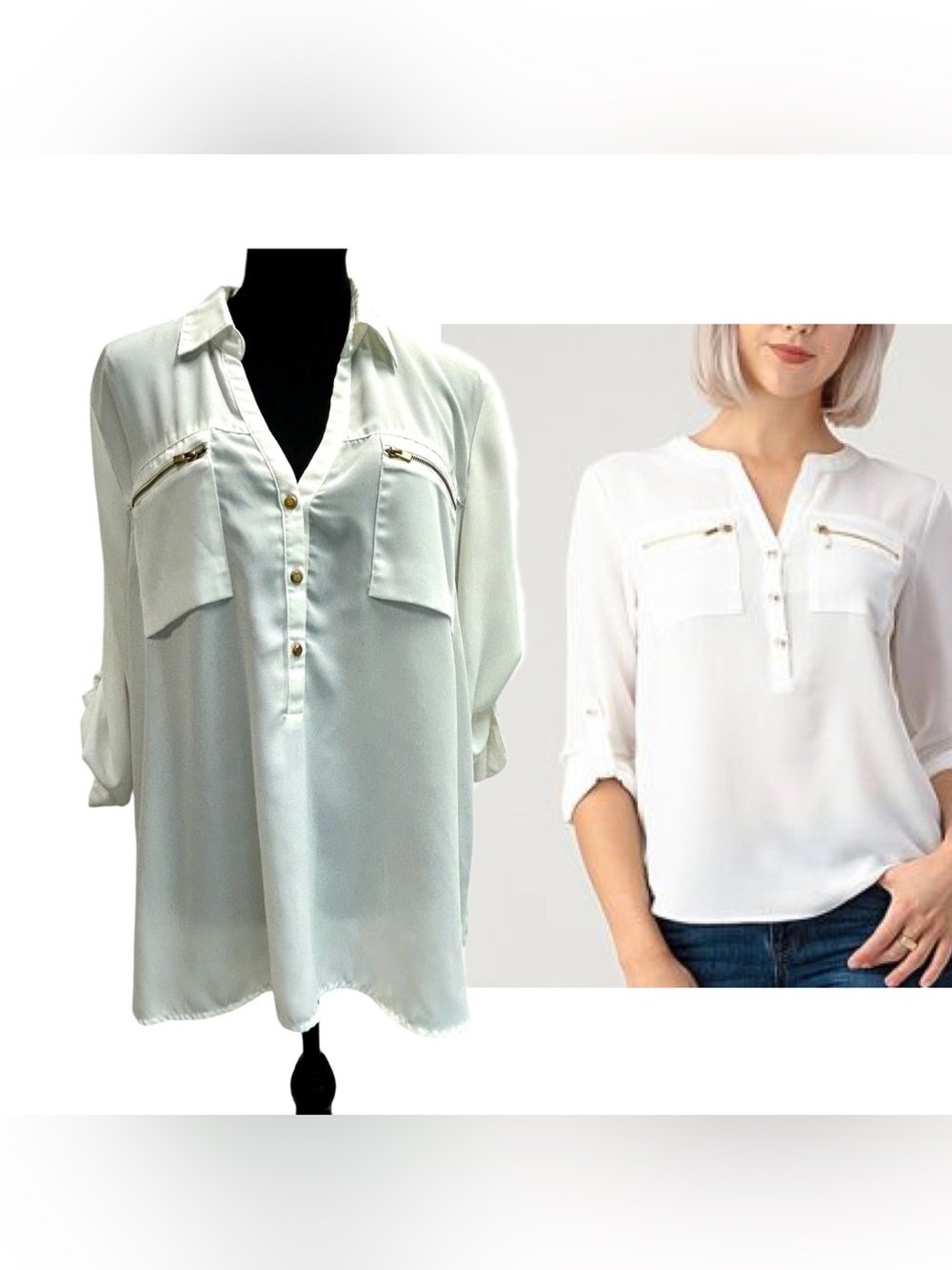 Mandee White Utility Pocket V-neck half button down Blouse roll tab sleeve XL